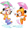 mickey & minnie playing in rain