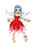 blue haired fairy in a red flower dress!
