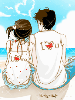 cute kawaii fashion lovers sitting on the sand : you love me i love you